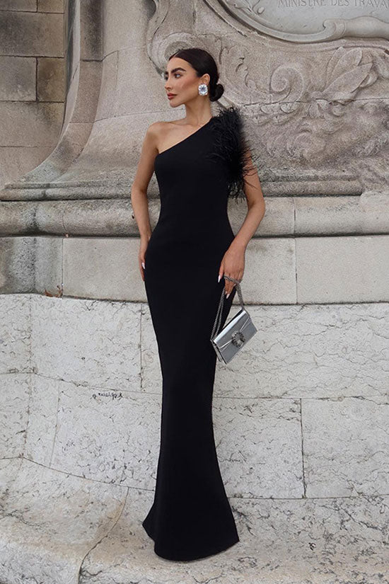 Feather Trim One Shoulder Sleeveless Back Split Maxi Gown