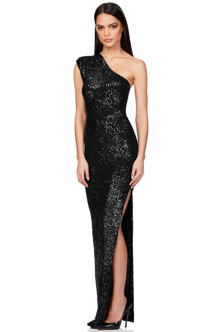 One Shoulder Sequin Column High Slit Maxi Gown
