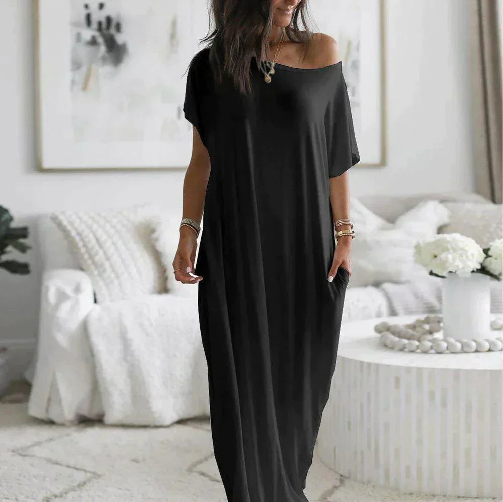 Boat Neck Dolman Sleeve Oversized Pocket Maxi Shirt Dress