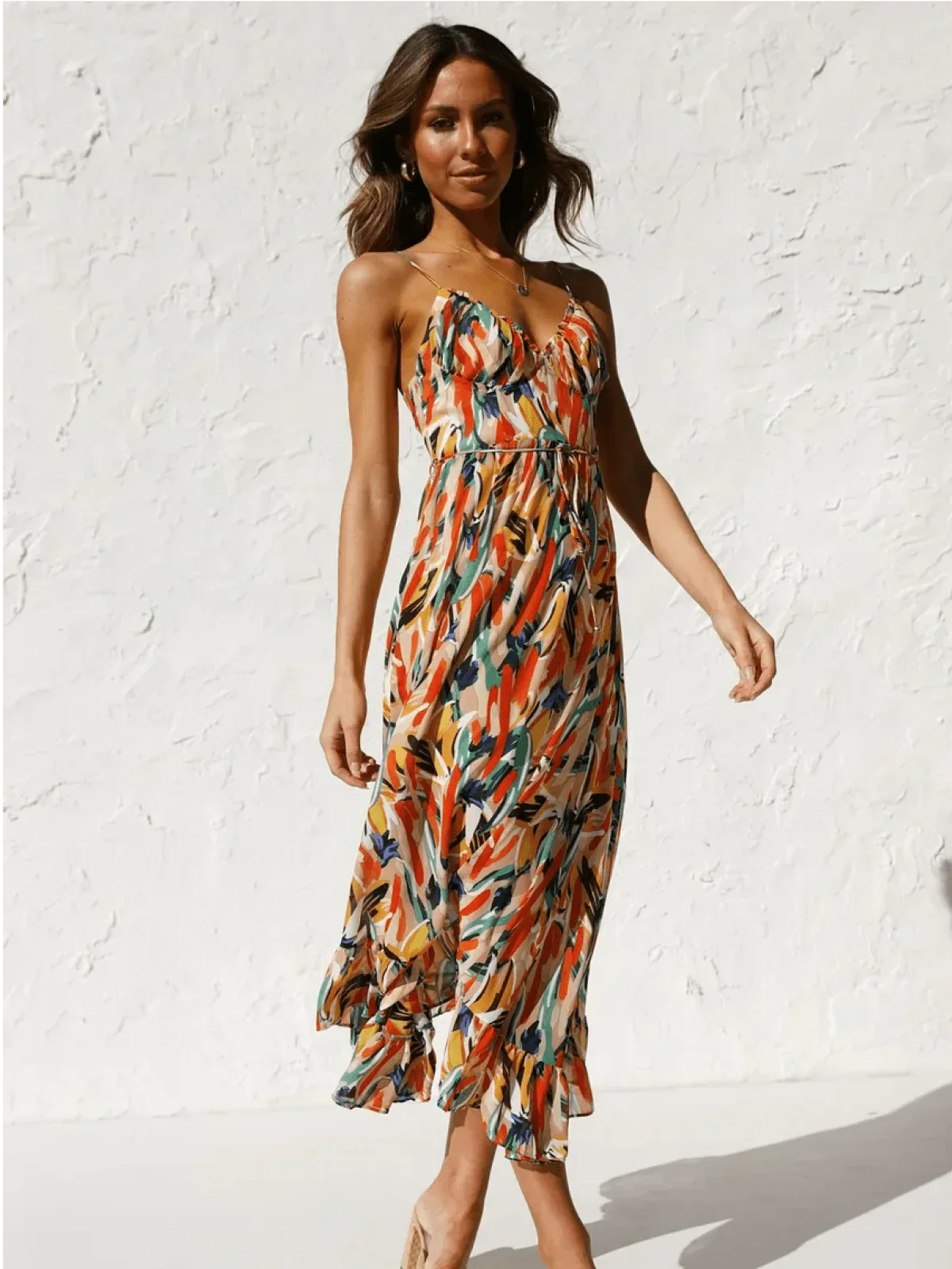 Abstract Brushstroke Print Spaghetti Strap Ruched Bust Tie Waist Midi Dress