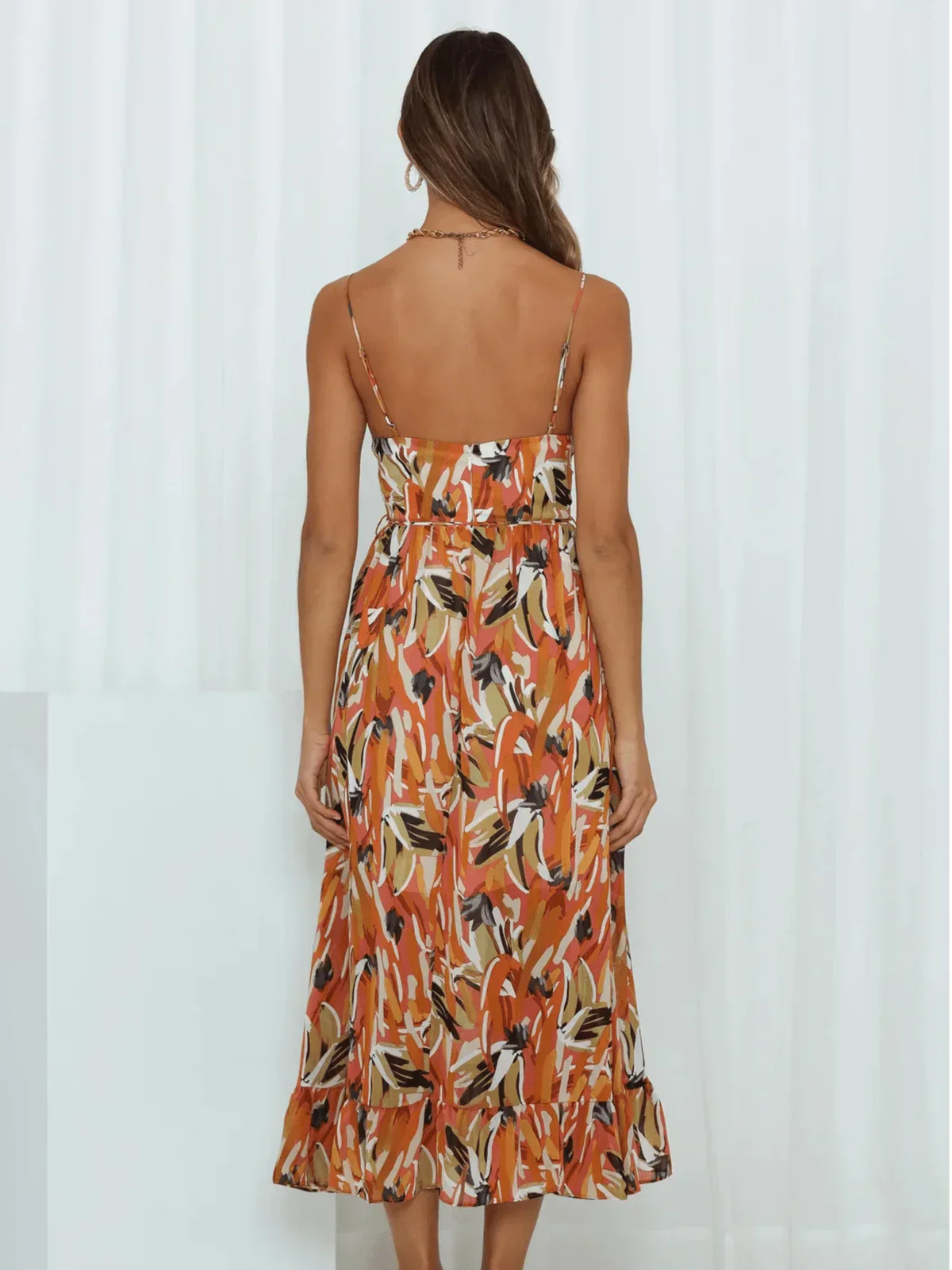 Abstract Brushstroke Print Spaghetti Strap Ruched Bust Tie Waist Midi Dress