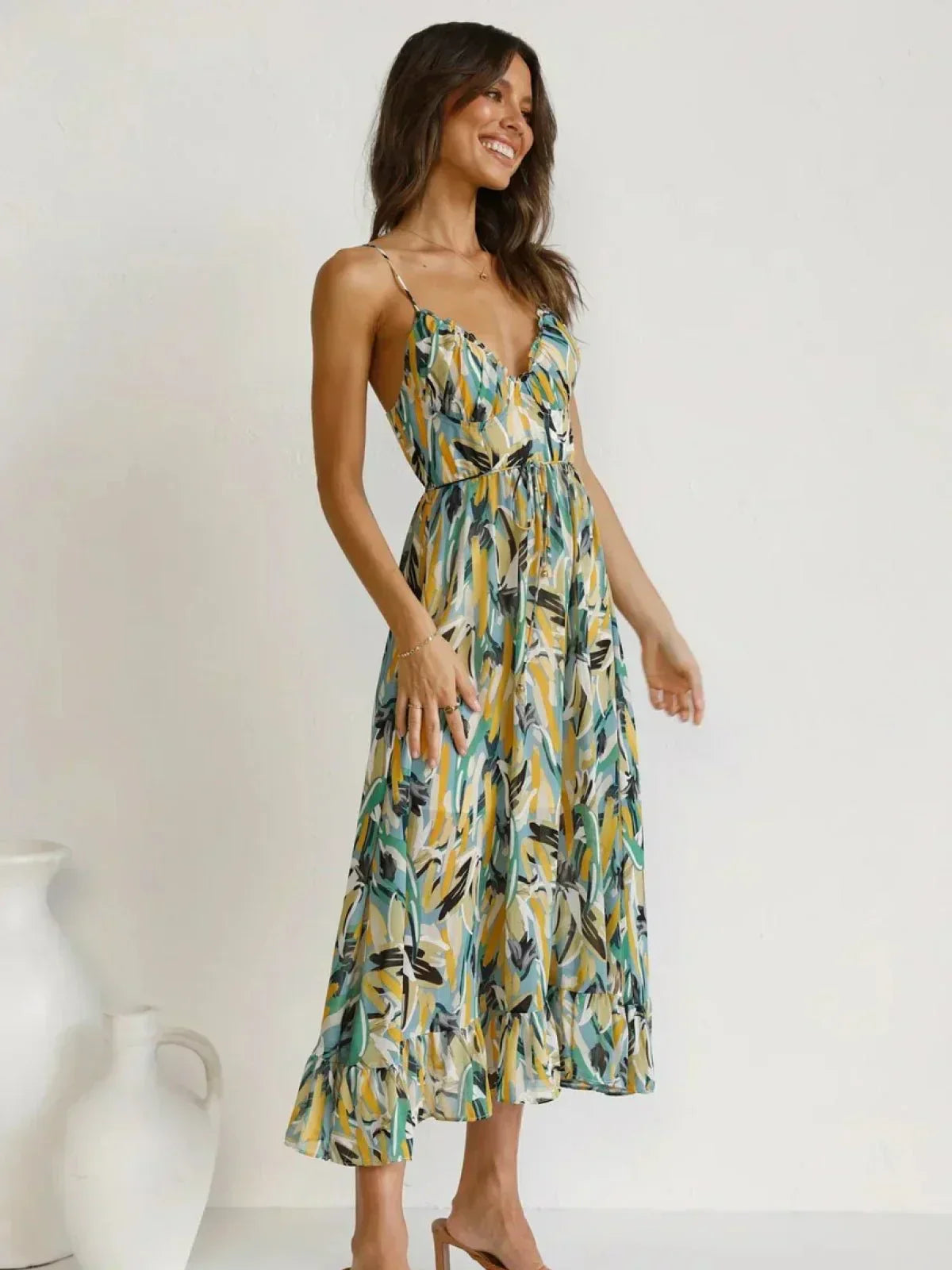 Abstract Brushstroke Print Spaghetti Strap Ruched Bust Tie Waist Midi Dress