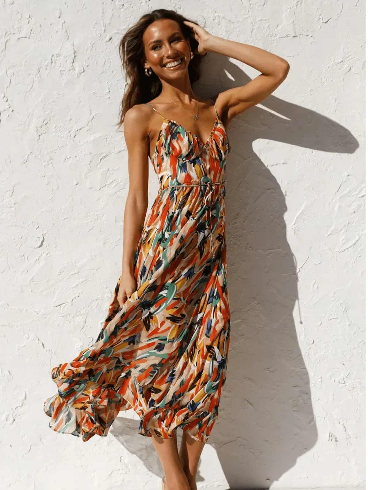 Abstract Brushstroke Print Spaghetti Strap Ruched Bust Tie Waist Midi Dress