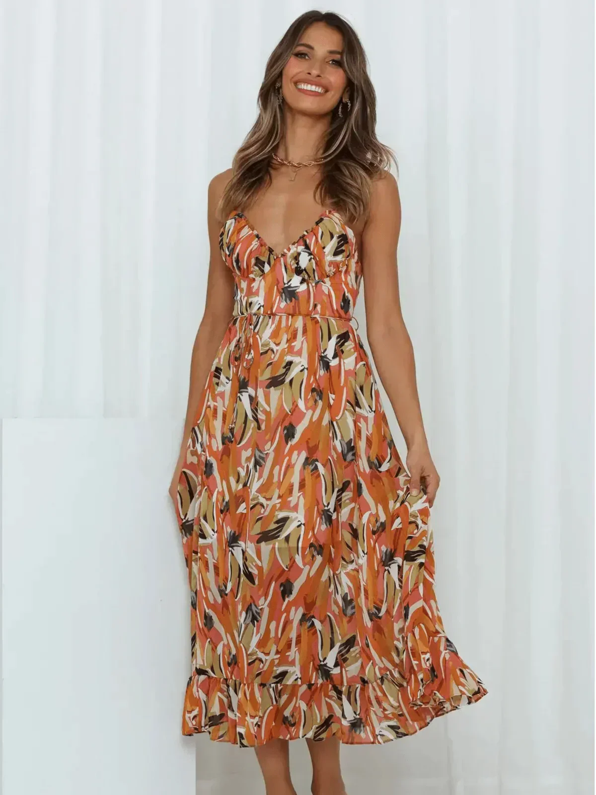 Abstract Brushstroke Print Spaghetti Strap Ruffle Hem Midi Dress