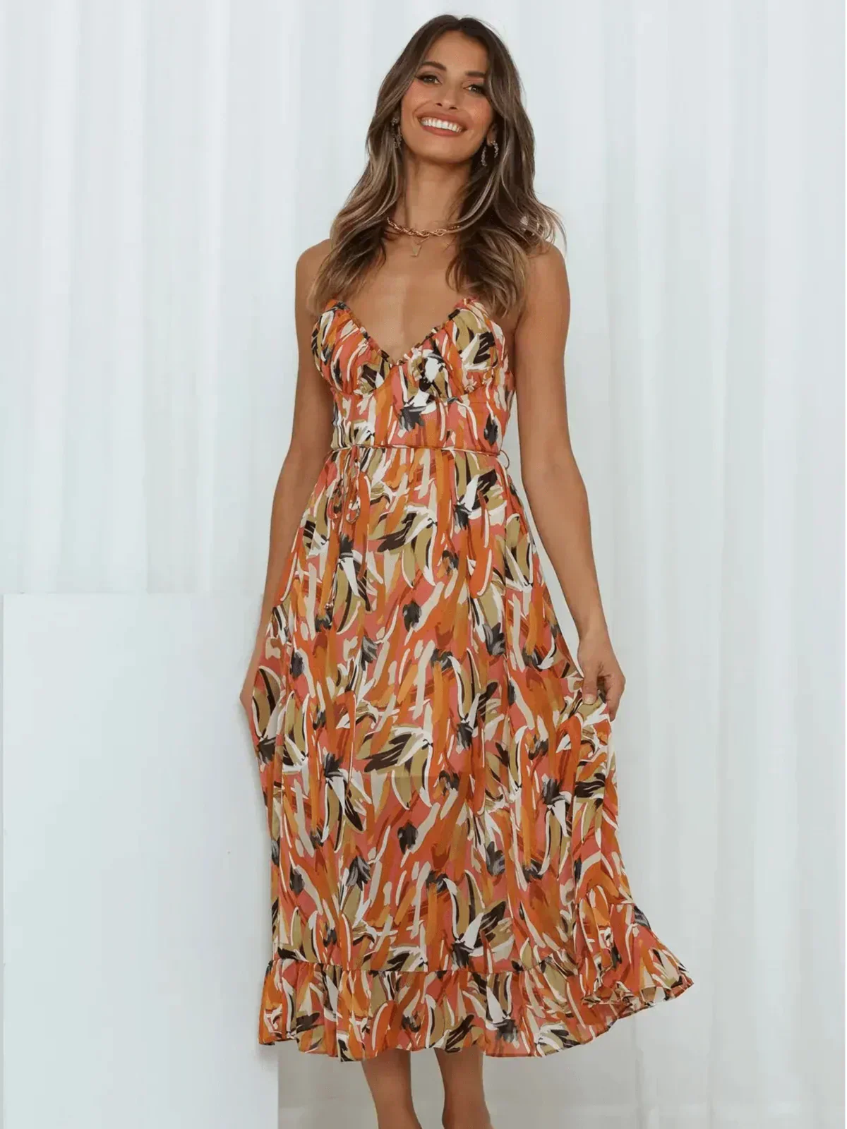 Abstract Brushstroke Print Spaghetti Strap Ruched Bust Tie Waist Midi Dress