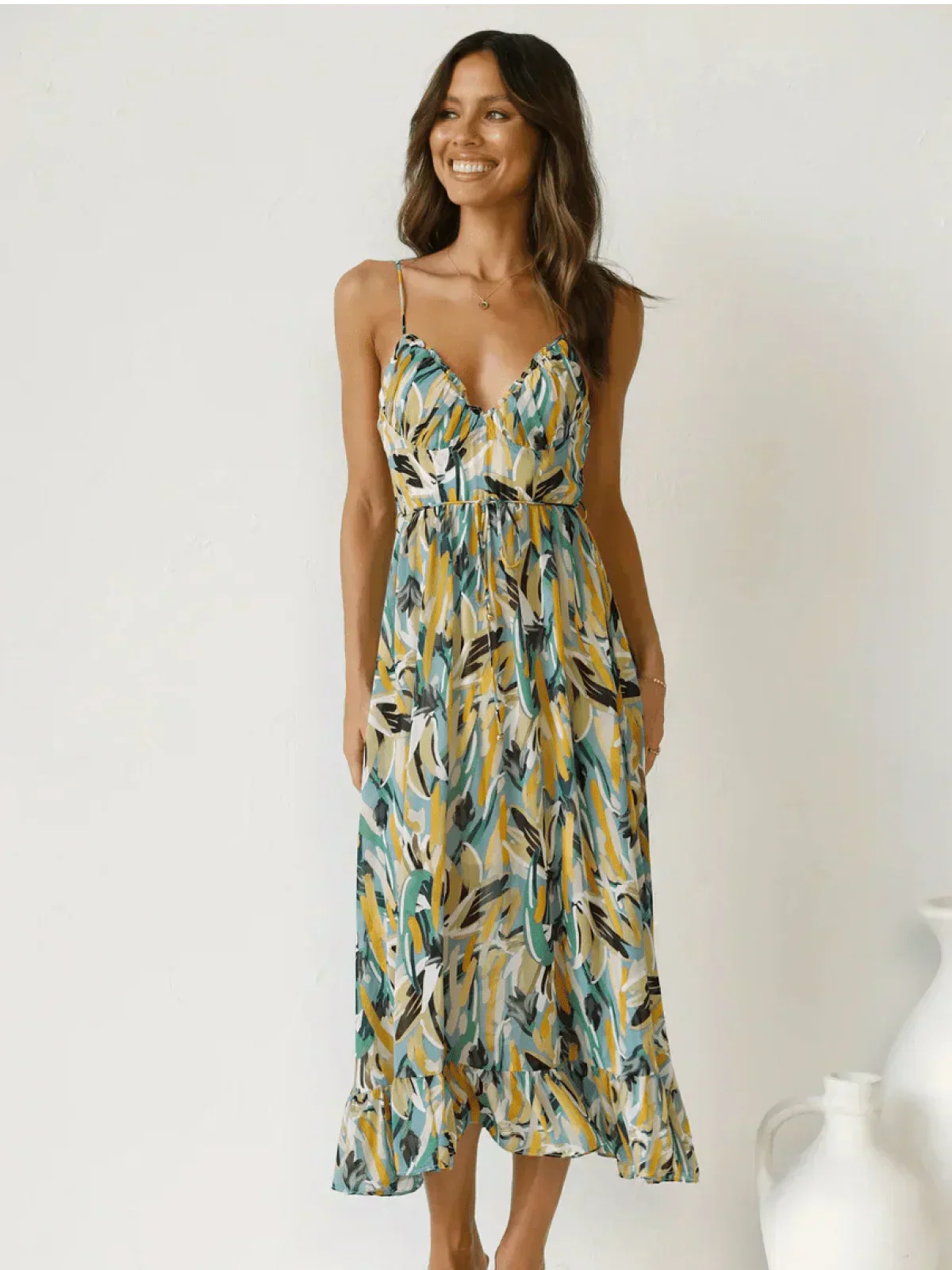 Abstract Brushstroke Print Spaghetti Strap Ruched Bust Tie Waist Midi Dress