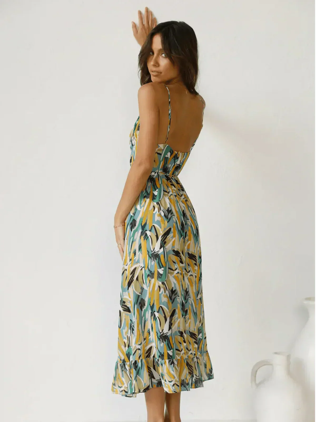 Abstract Brushstroke Print Spaghetti Strap Ruched Bust Tie Waist Midi Dress
