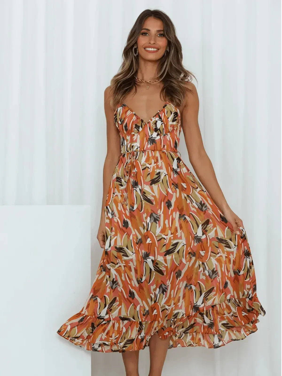 Abstract Brushstroke Print Spaghetti Strap Ruched Bust Tie Waist Midi Dress