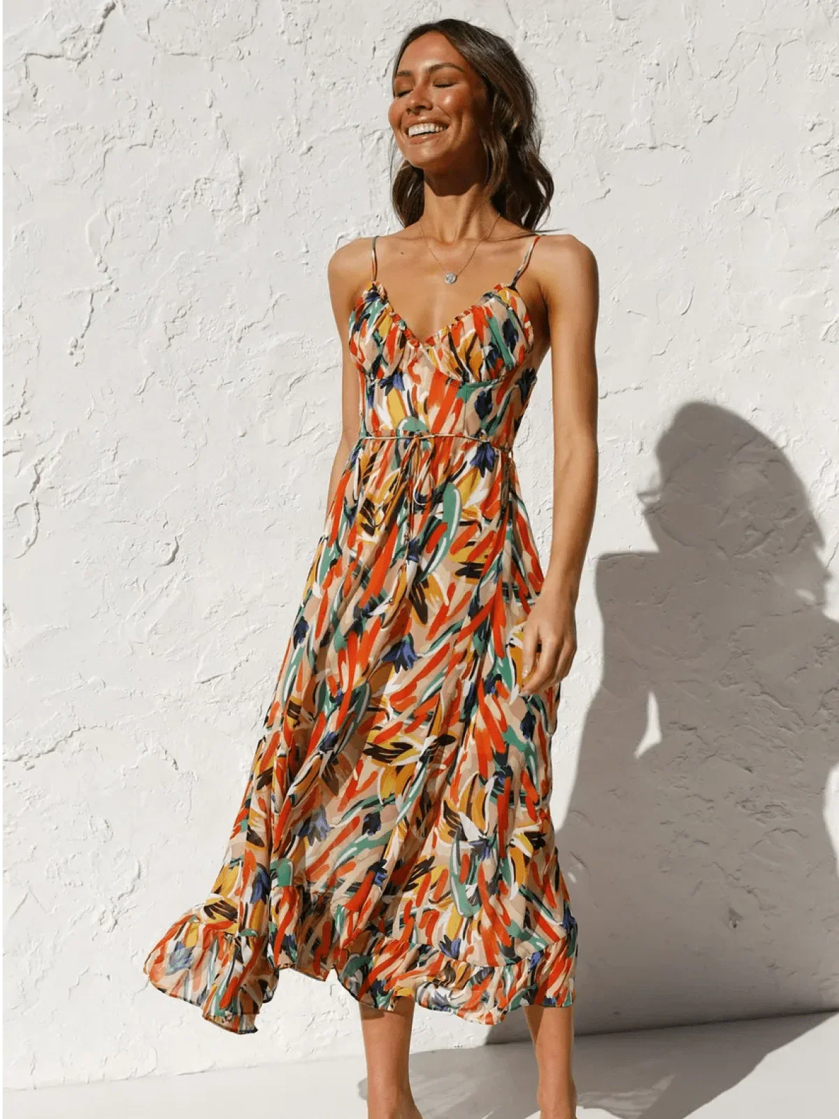 Abstract Brushstroke Print Spaghetti Strap Ruched Bust Tie Waist Midi Dress