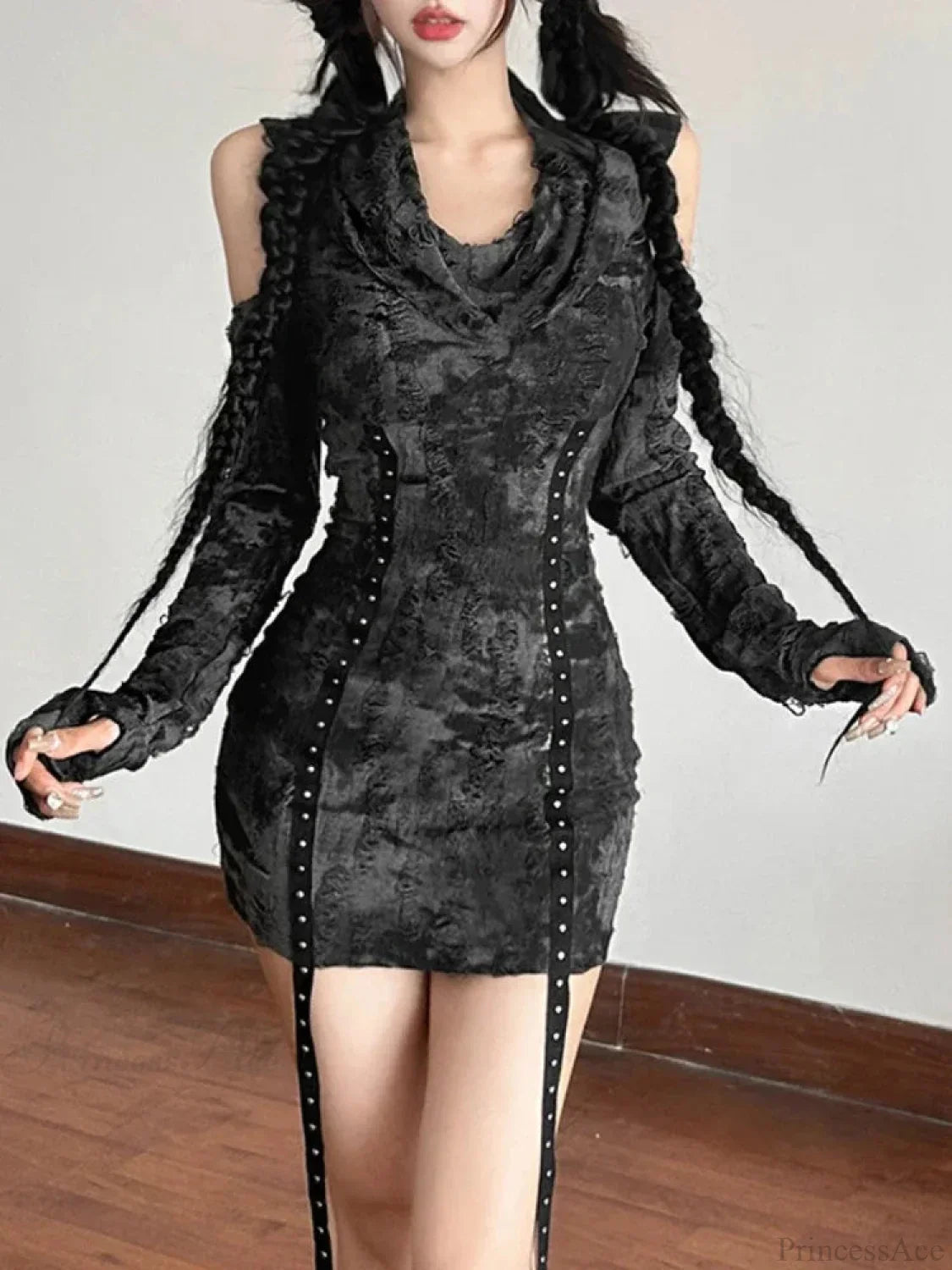 Studded Strap Hooded Cold-Shoulder Long Sleeve Bodycon Mini Dress
