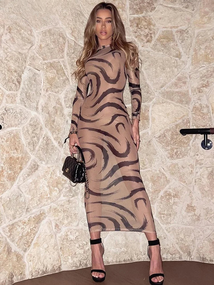 Mock Neck Long Sleeve Abstract Swirl Print Bodycon Maxi Dress