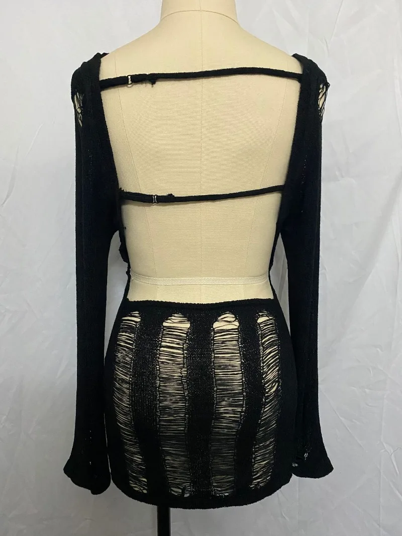 Ootddress Sexy Sheer Knitted Dress Women Bodycon Long Sleeve Hollow Out Mini Dresses Femme Club Sexy Backless Knitwear Dress Womens
