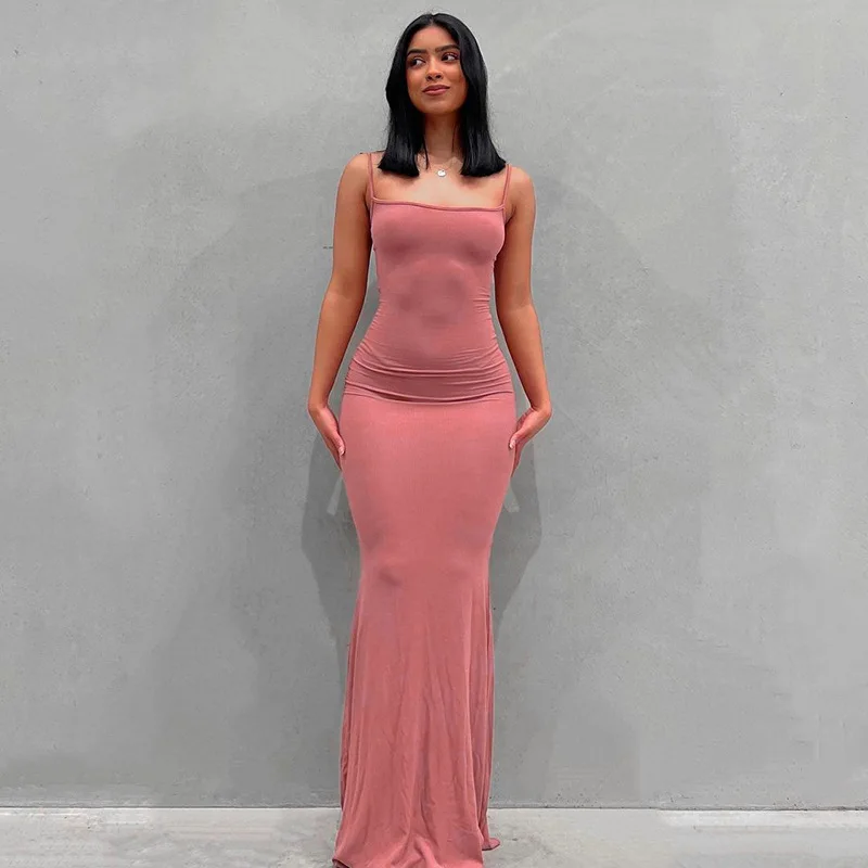 Dresses For Women 2025 Sexy Spaghetti Strap Black Long Dress Evening Y2k Sleeveless Solid Skinny Bodycon Maxi Vestidos