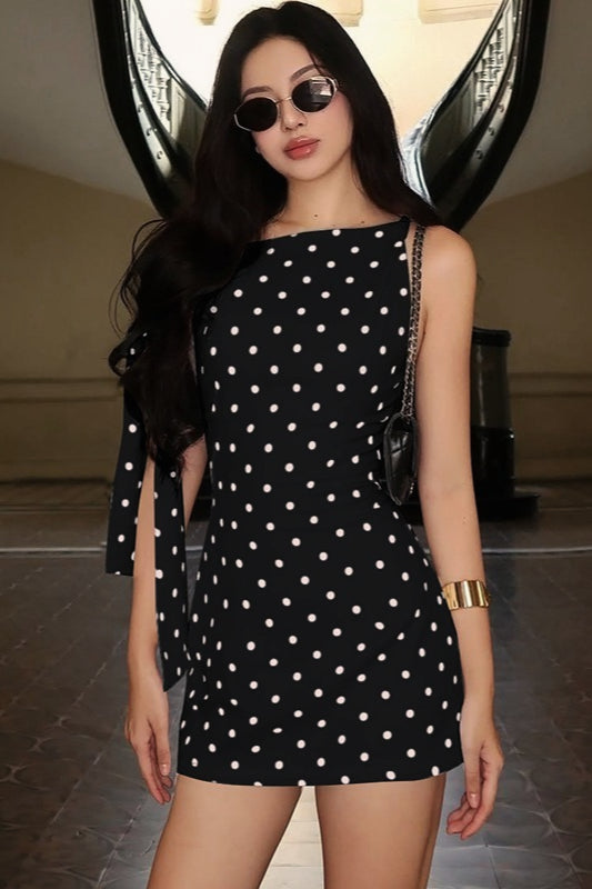 Boat Neck Polka Dot Asymmetric Shoulder Tie Detail Bodycon Mini Dress