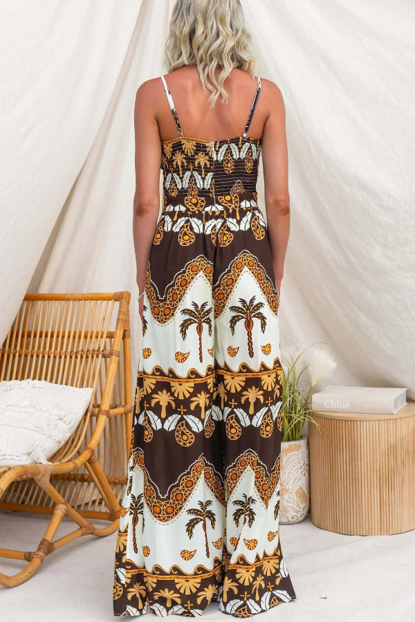 Unique Print Casual Spaghetti Strap High Waist Resort Loose Wide Leg Jumpsuit
