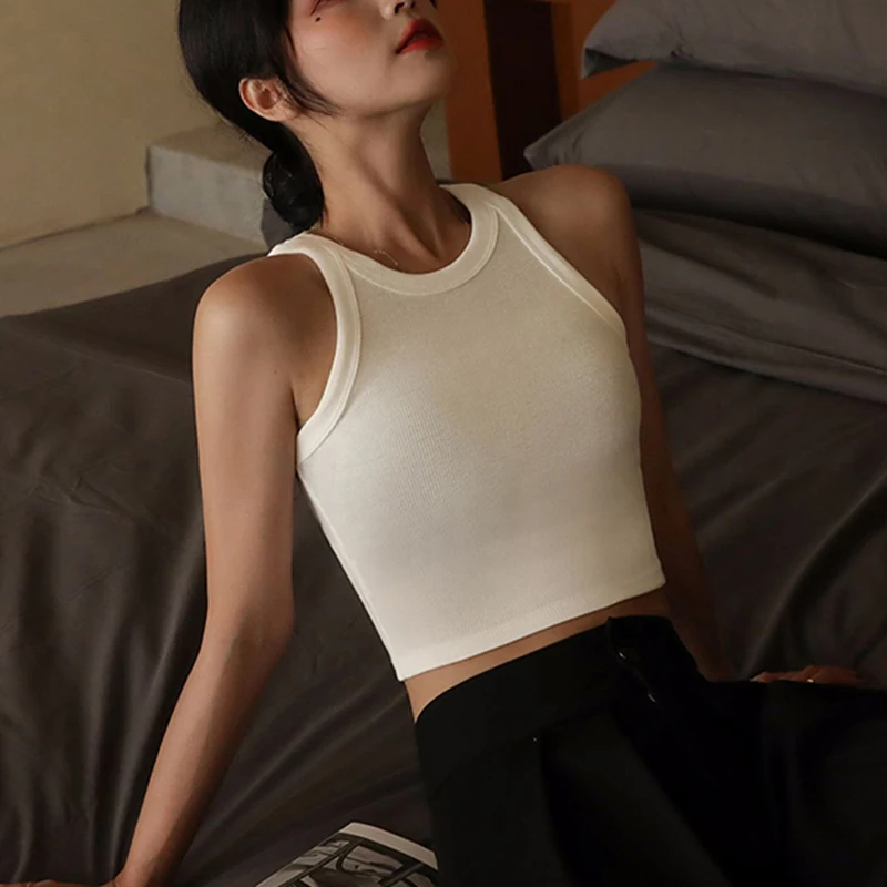 Women Solid O Neck Ribbed Sleeveless Tank Top Camisole Women Summer Basic Elastic Black Crop Top Ladies