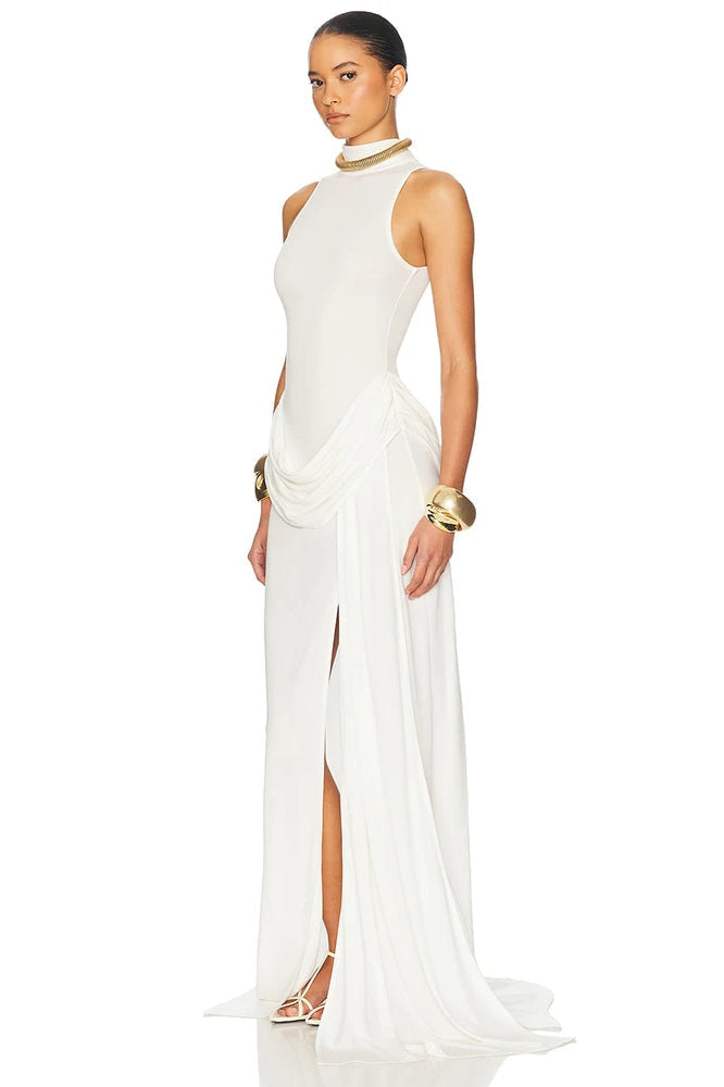 Mock Neck Sleeveless Ruched Hip High Slit Maxi Dress