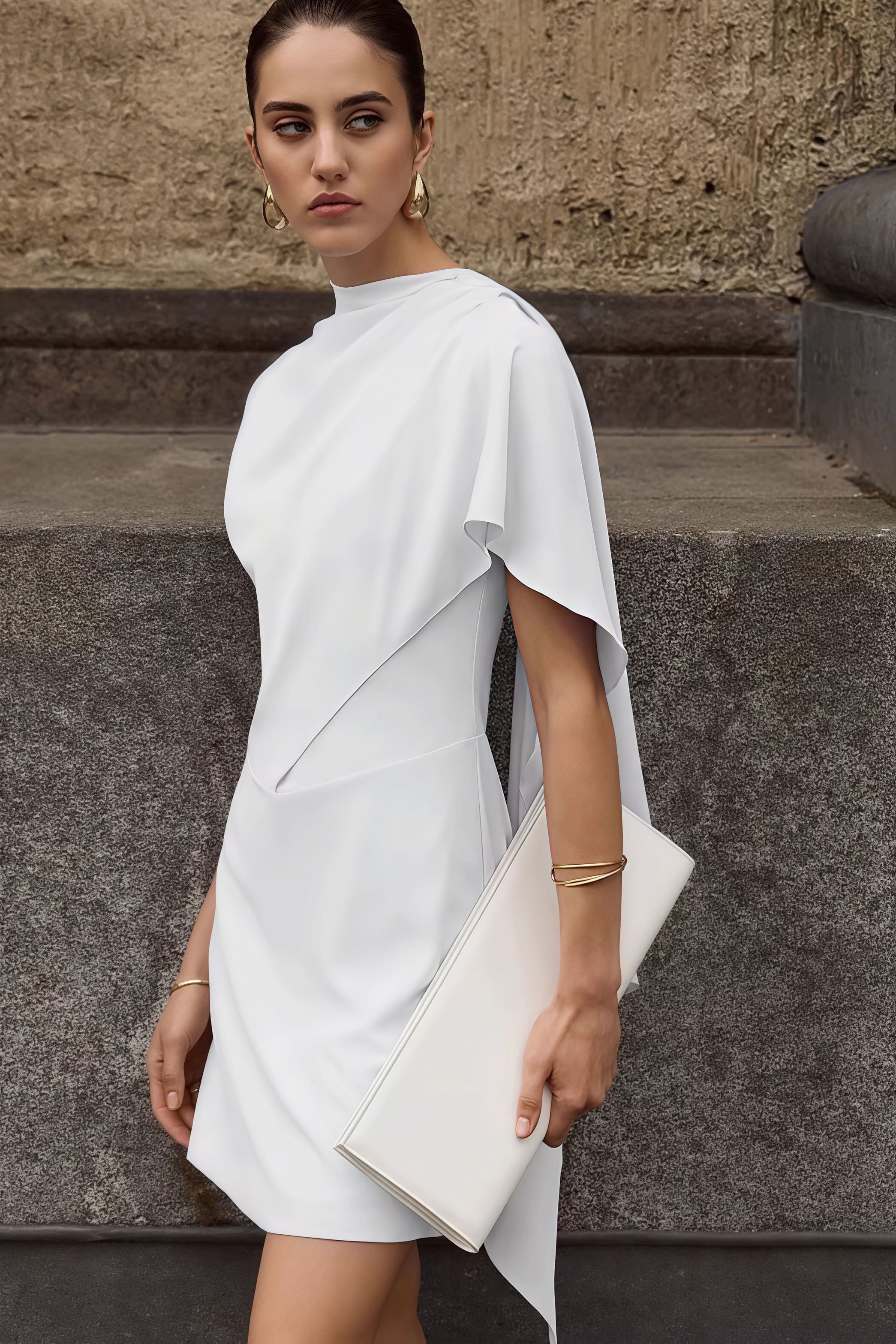 Mock Neck Asymmetric Draped Cape Panel Mini Dress