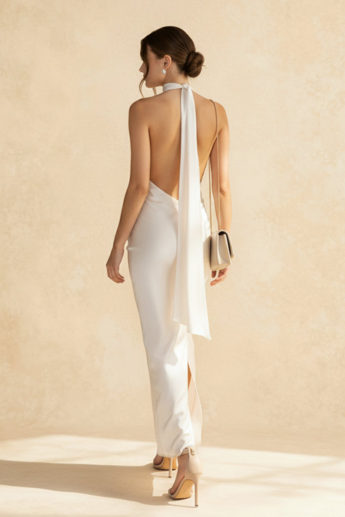 Satin Halter Neck Backless Draped Sash Button Detail Maxi Gown