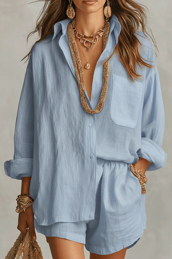 Linen Blend Loose-fitting Long-sleeved Collared Shirt and Elastic Waist Casual Pocket Shorts Set