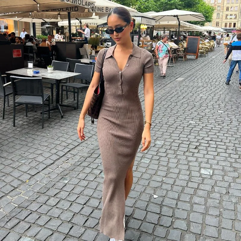 Ootddress Knitted Women Bodycon Dress Sexy V-Neck Short Sleeve Split Long Dresses Autumn Black High Street Casual Party Vestidos 8 undefined