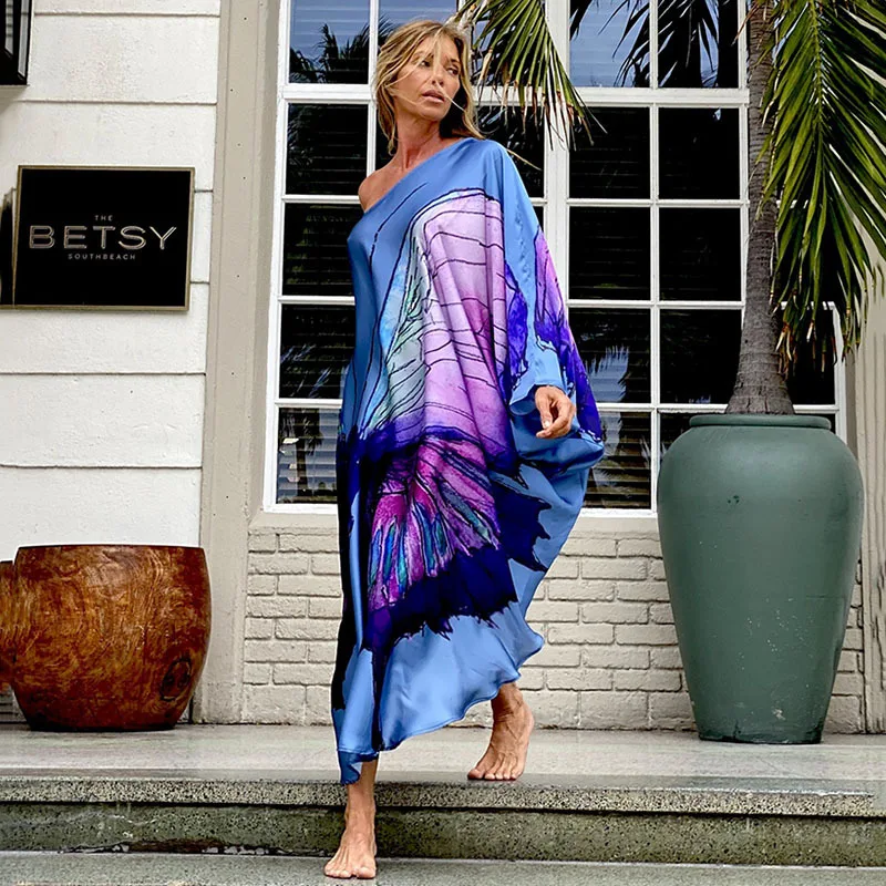 Color Butterfly Print One Shoulder Sleeve Dresses Women Sexy Off Shoulder Loose Beach Vacation Irregular Long Dress Streetwear 11 undefined