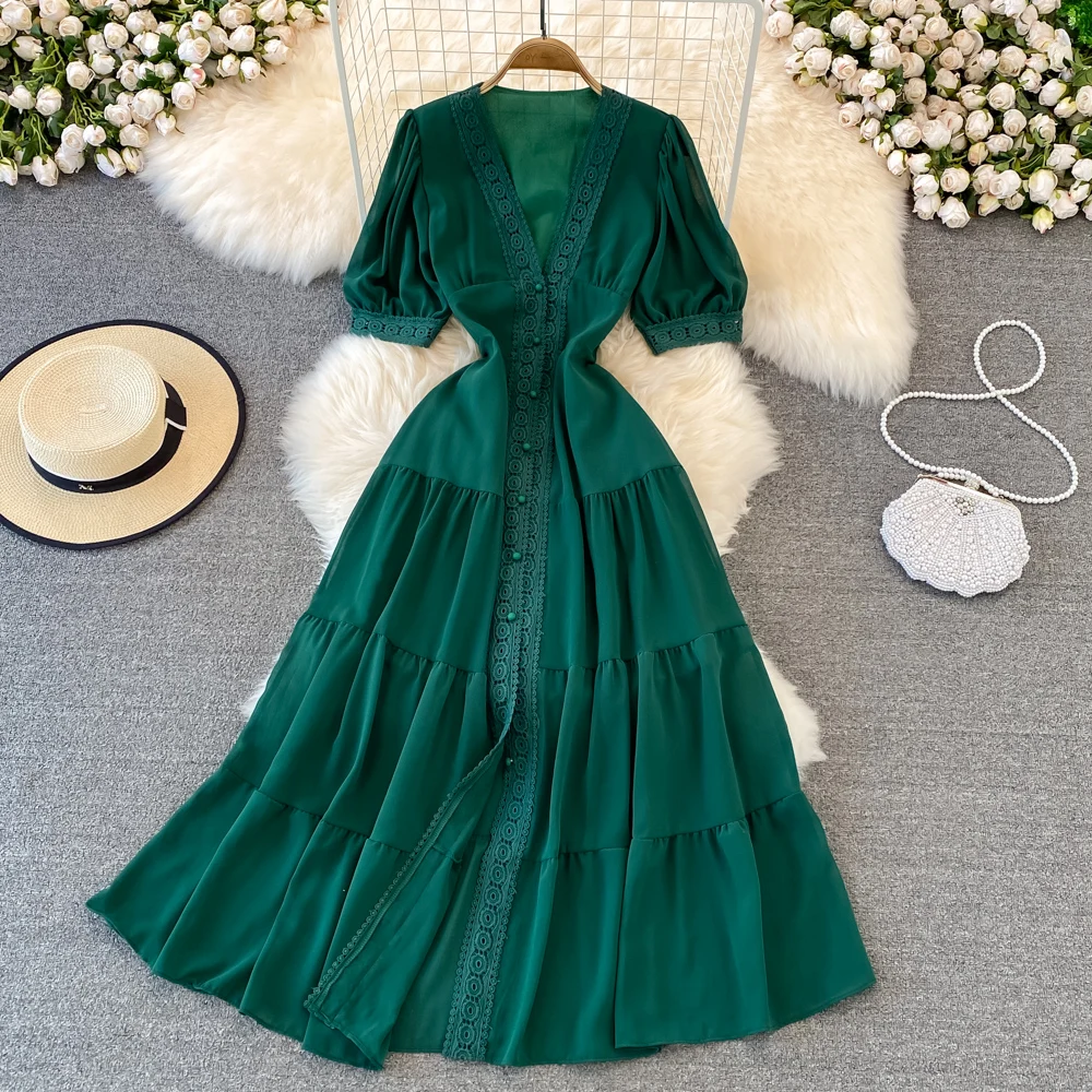 New Women Vintage Party Dress Summer Puff Sleeve Sexy V Neck Lace Single-breasted Long Dresses Ladies A Line Elegant Long Robe 32 New Women Vintage Party Dress Summer Puff Sleeve Sexy V Neck Lace Single-breasted Long Dresses Ladies A Line Elegant Long Robe