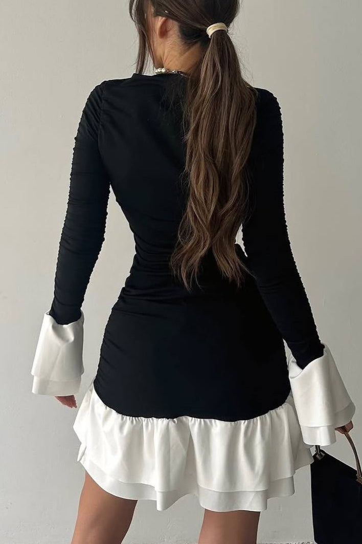 Ruched Crew Neck Flared Cuff Contrast Ruffle Hem Long Sleeve Mini Dress