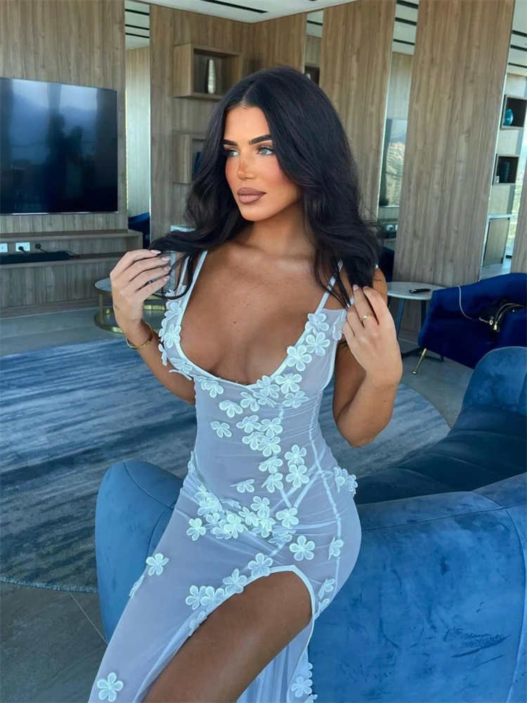 Ootddress Floral White Dress For Women See-Through Maxi Bodycon Dress Summer Lace Chiffon Wedding Party Night Vestidos Cover-up