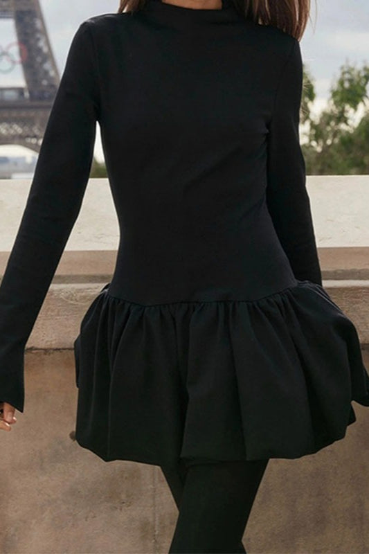 Long Sleeve High Neck Bubble Hem Fit and Flare Mini Dress