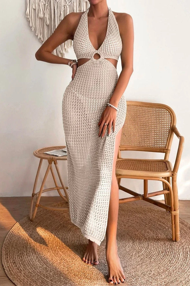 Crochet Halter Ring Detail Cutout Side Slit Maxi Dress