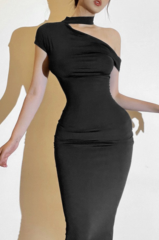 Velvet One Shoulder Choker Strap Cap Sleeve Bodycon Maxi Dress