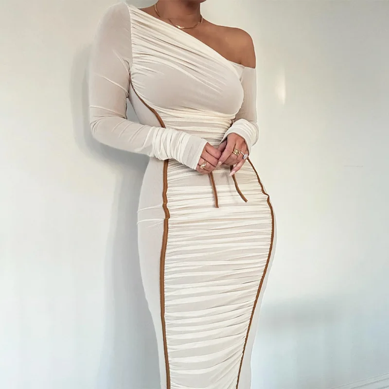 Ootddress White Mesh Off-Shoulder Maxi Dress Female Long Sleeve Patchwork Fashion Contrast Summer Backless Ladies Party Long Dress