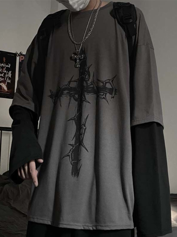 Thorn Print Fake Two Piece Oversized Long Sleeve Tee