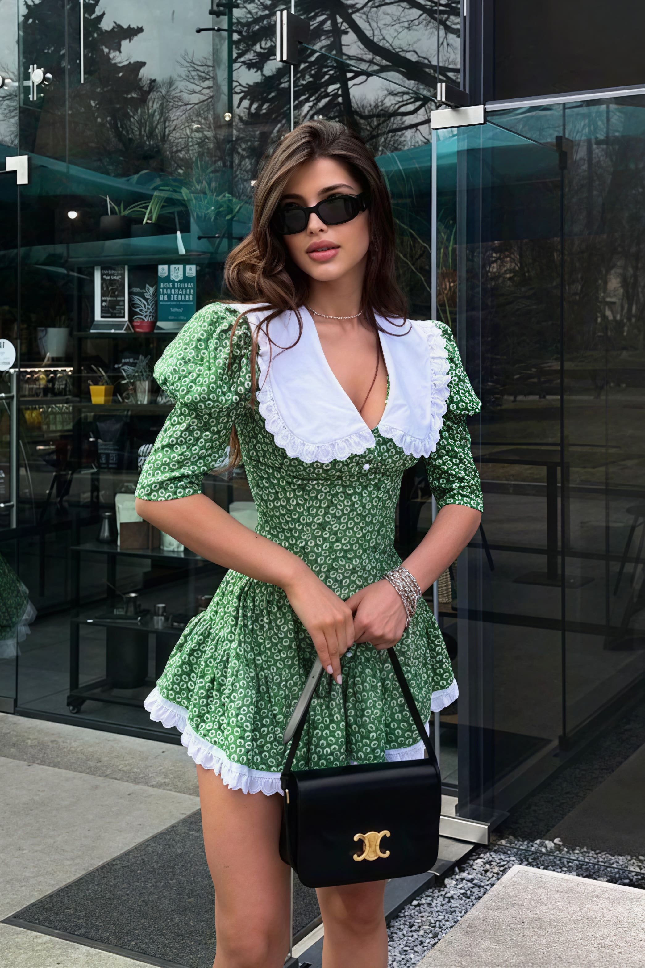 Peter Pan Collar Eyelet Lace Puff Sleeve Floral Button Front Tiered Mini Dress