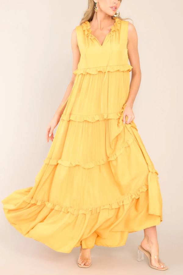 Ruffle Collar V-Neck Tie Strap Tiered Floor-Length Maxi Dress