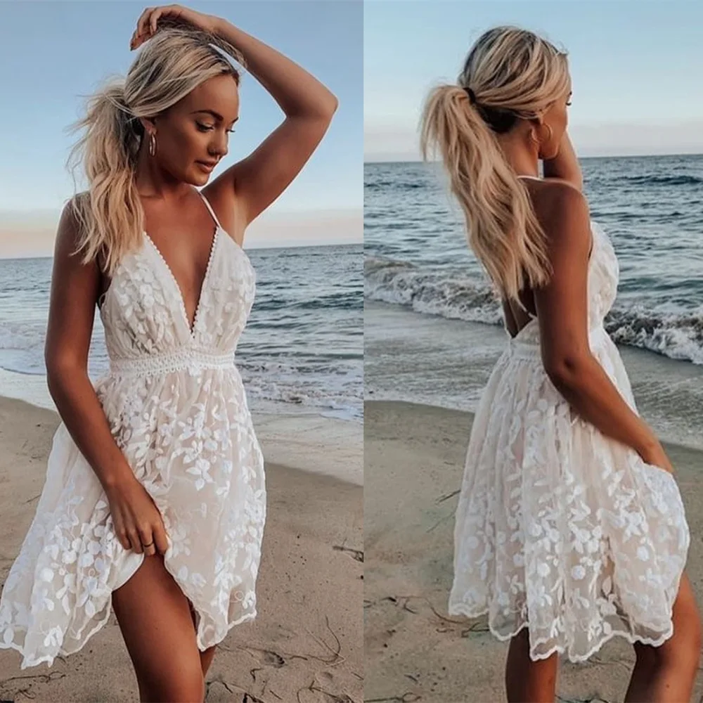 Elegant Solid Color Leace Mesh Spaghetti Strap Dresses Women Sexy V-neck Backless Mini Dress Female Beach Vacation Vestidos New 6 1235
