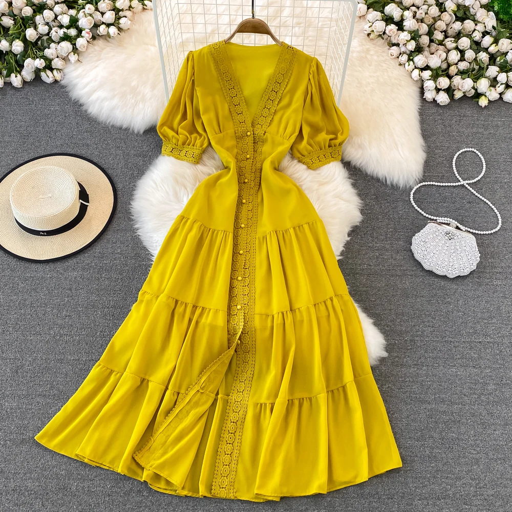 New Women Vintage Party Dress Summer Puff Sleeve Sexy V Neck Lace Single-breasted Long Dresses Ladies A Line Elegant Long Robe 23 New Women Vintage Party Dress Summer Puff Sleeve Sexy V Neck Lace Single-breasted Long Dresses Ladies A Line Elegant Long Robe