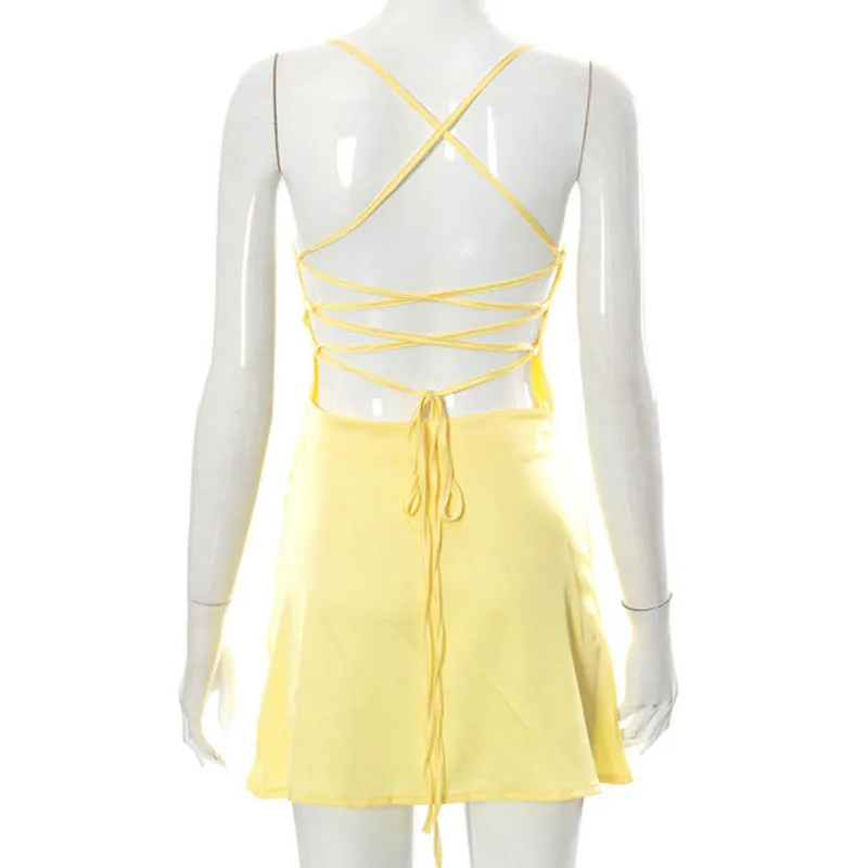 Ootddress New Spaghetti Straps Mini Satin Dress Women 2025 Summer Backless Low Cut Sexy Dresses Ladies Club Wear Party Sundresses