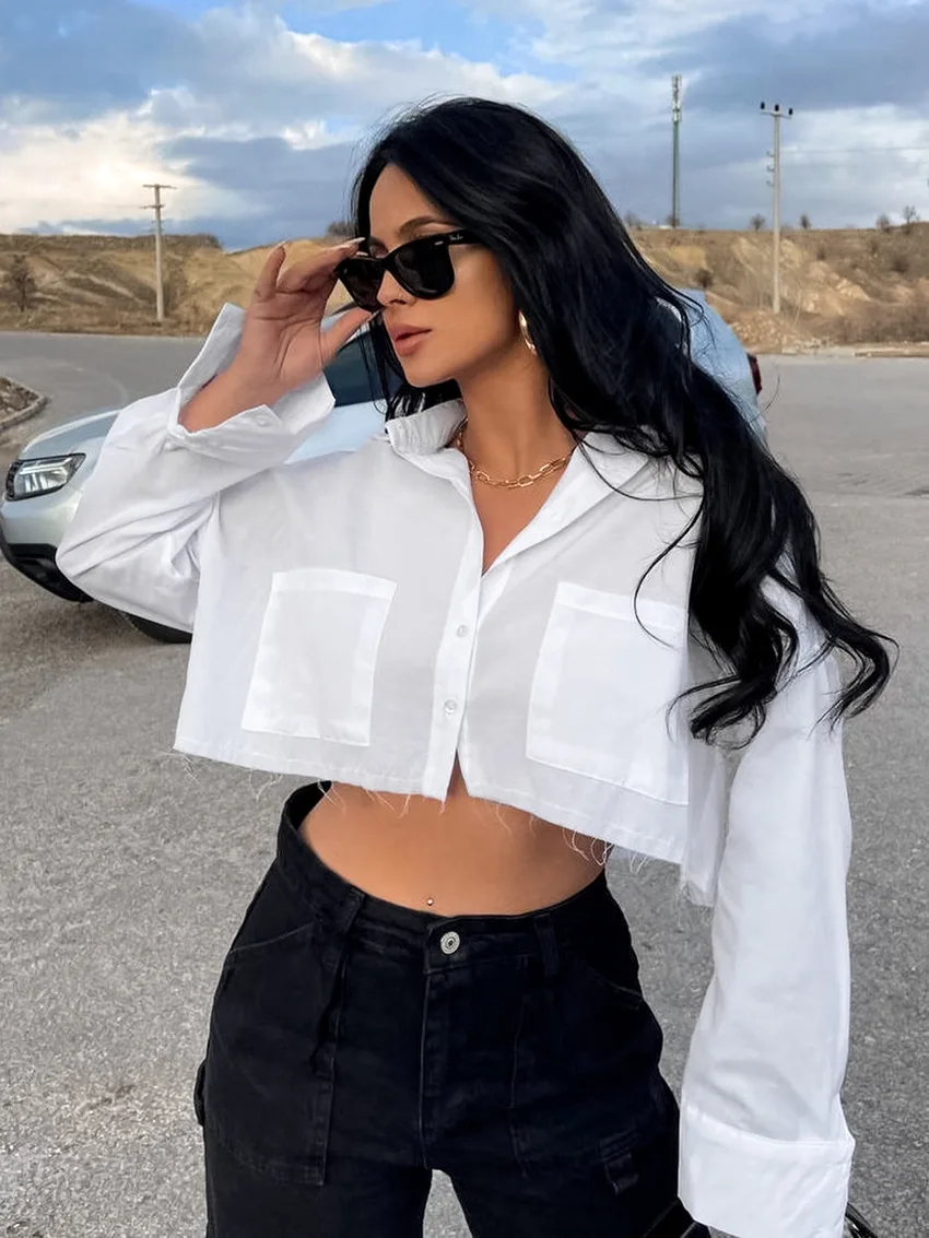 Ootddress Lapel Pocket Casual Shirts For Women Long Sleeve Loose Patchwork Crop top Y2k Outfit Solid High Street Cardigan Blouse