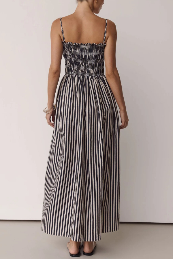 Striped Print Spaghetti Strap Pleated Pocket Casual Vacation Maxi Dress