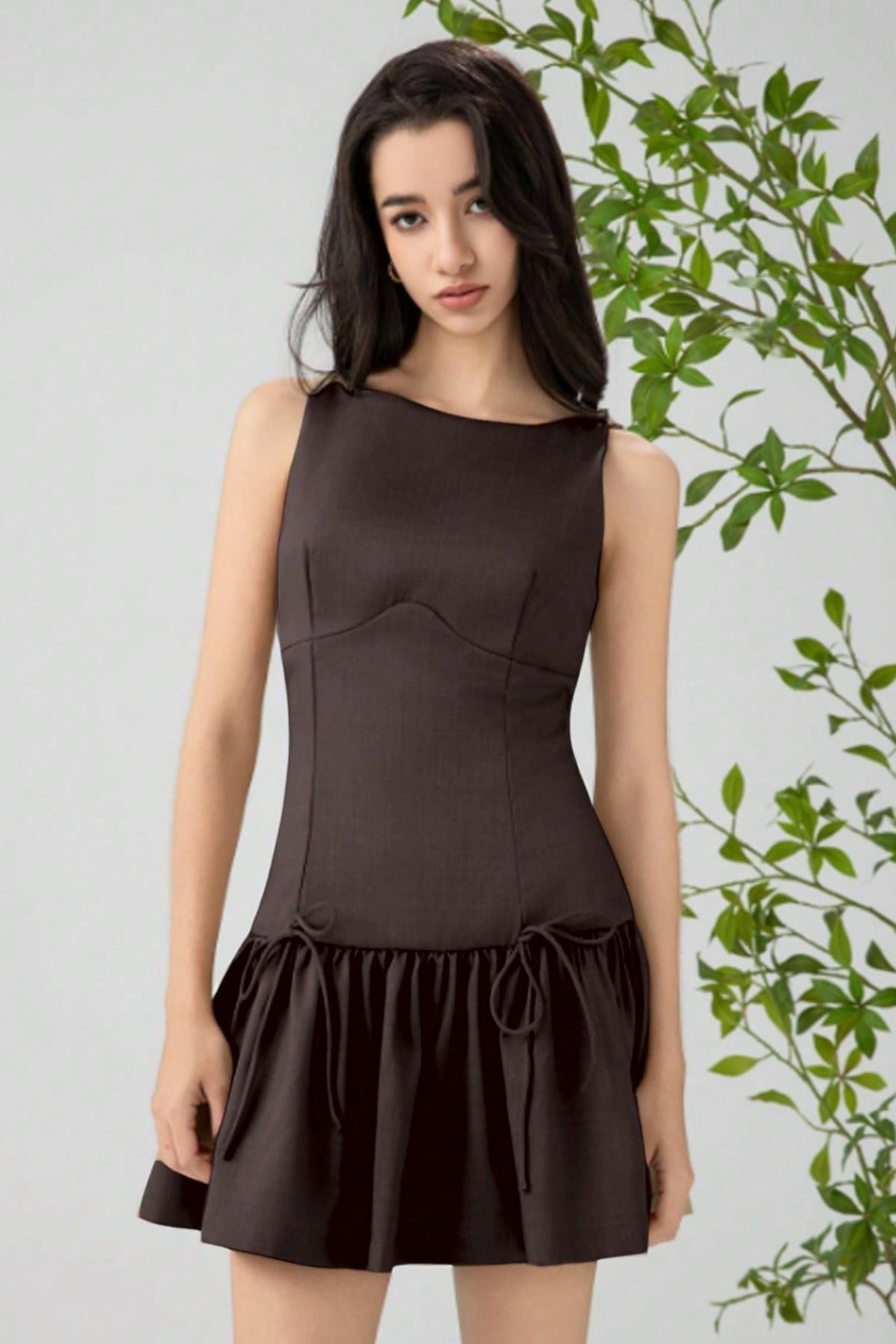 Crew Neck Dropped-Waist Bow-Tie Flounce Mini Dress