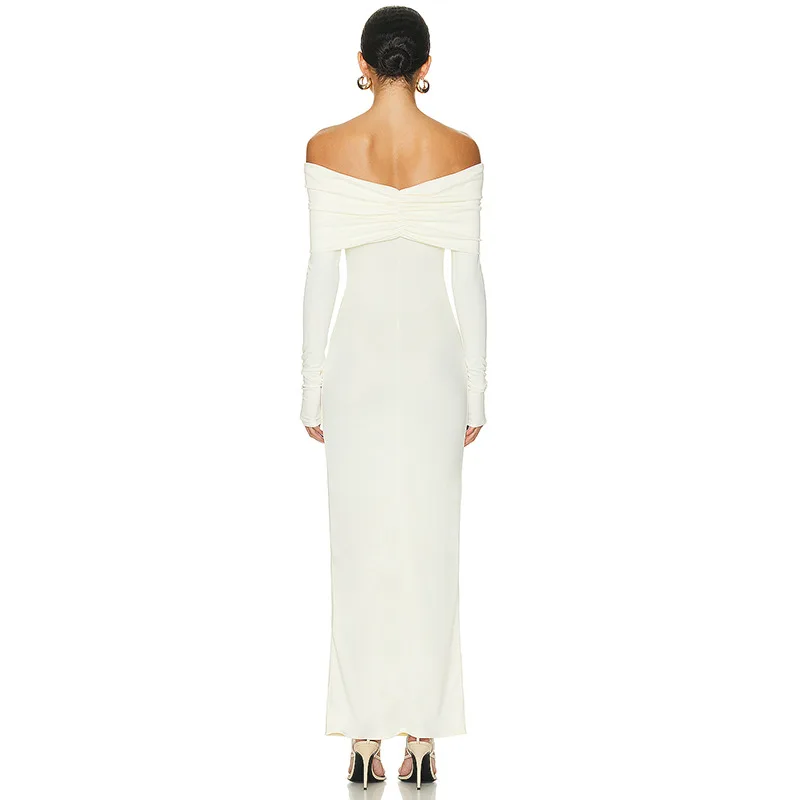 Ootddress White Pleated Slim Maxi Dress Elegant For Women Patchwork Off-Shoulder Fashion High Waist Dress Ladies Solid Party Dress