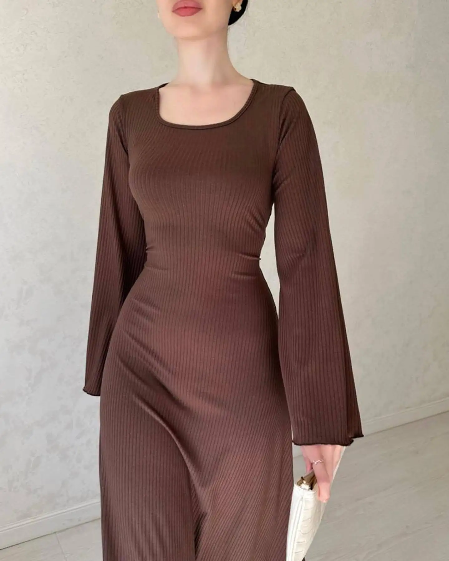 Ootddress Black Ribbed Fashion Maxi Dress For Women Loose Slim High Waist Casual Elegant Long Sleeve Party Dress Female Autumn Dress