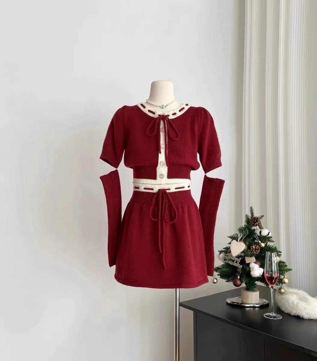 Y2K Two-Piece Knitwear Suit Women Single Breasted Long Sleeve Cropped Top High Waist Mini Skirt Korean Fashion Knitted Outfits
