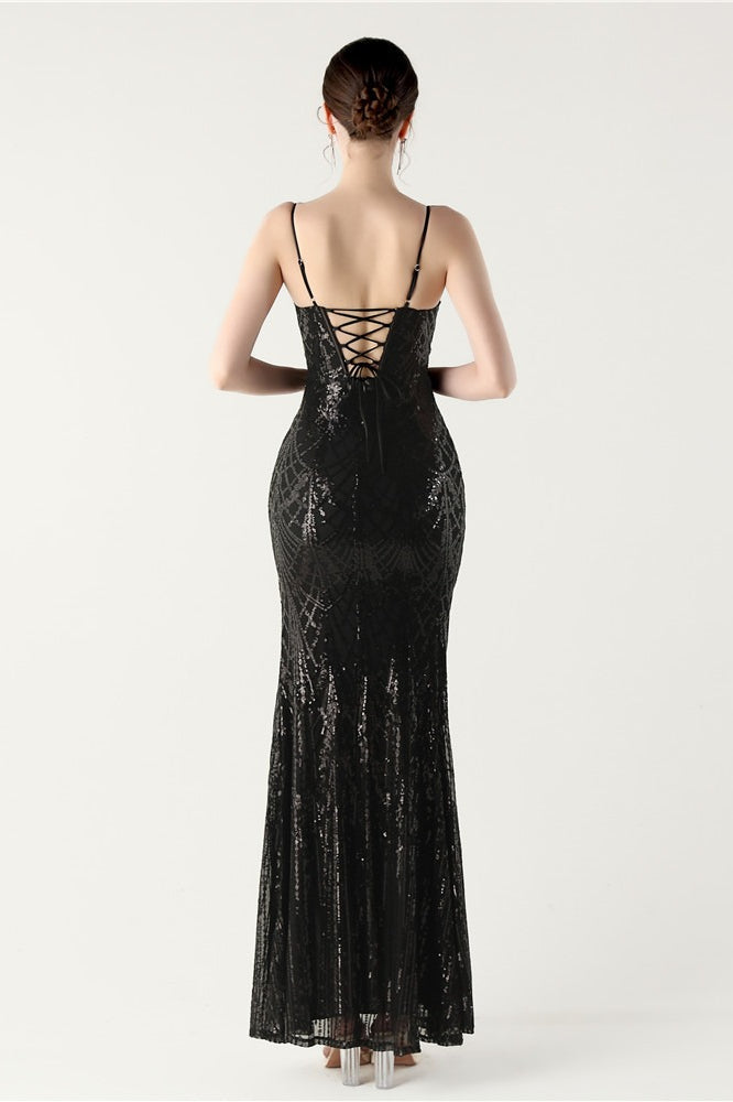 Sequin V-Neck Cross Strap Mermaid Maxi Dress