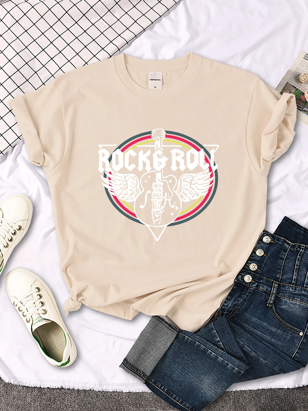Rock Roll Electric Guitar Printed T-Shirt Women Casual Comfortable Tops Breathable Cool Short Sleeve O-Neck Street Tee Clothing