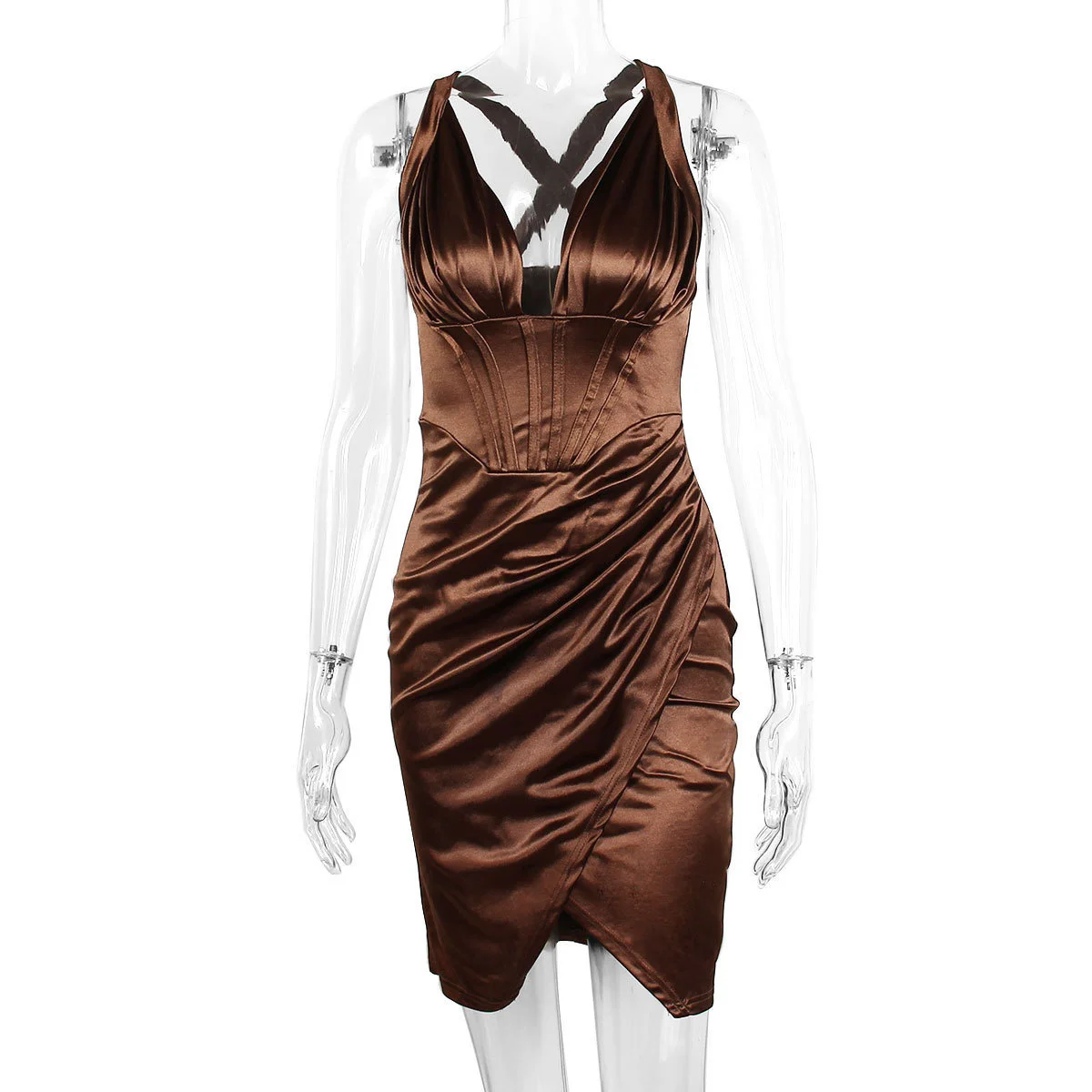 Ootddress Elastic Satin Deep V Neck Ruched Dress For Women Robe Summer Sleeveless Backless Bodycon Club Party Dress Vestido