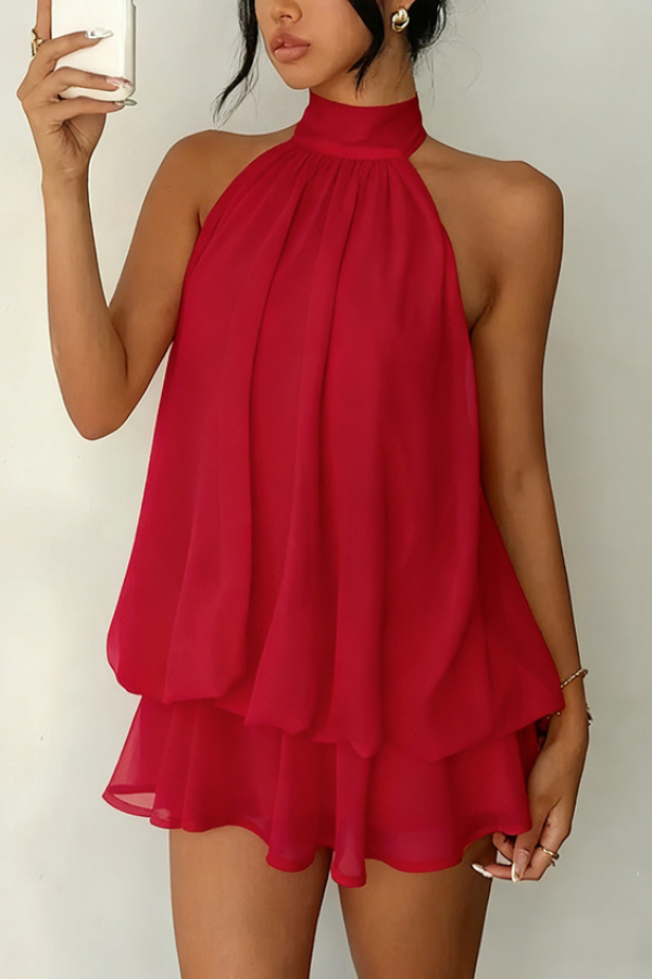 Fashionable Chiffon Halter Neck Backless Lace-up Casual Vacation Mini Dress