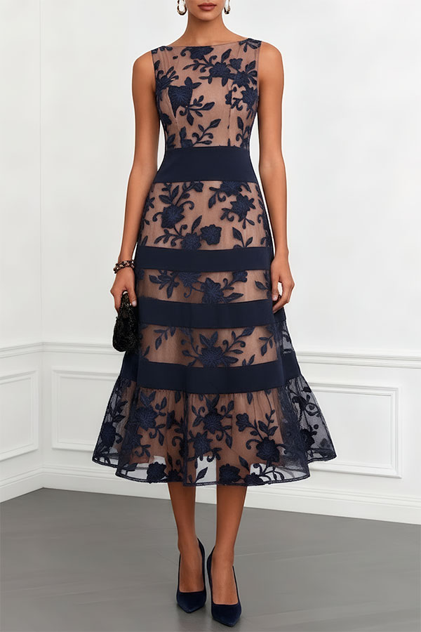 Rosmie Flower Mesh Lace Colorblock Boat Neck Sleeveless A-Line Midi Dress